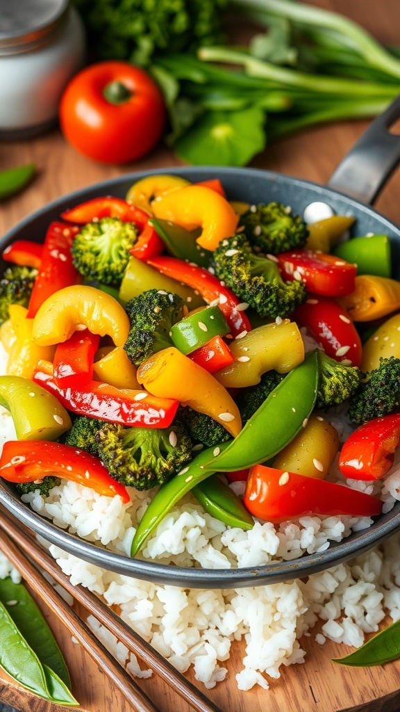 A colorful vegetable stir-fry with bell peppers, broccoli, and snap peas served over rice in a skillet.